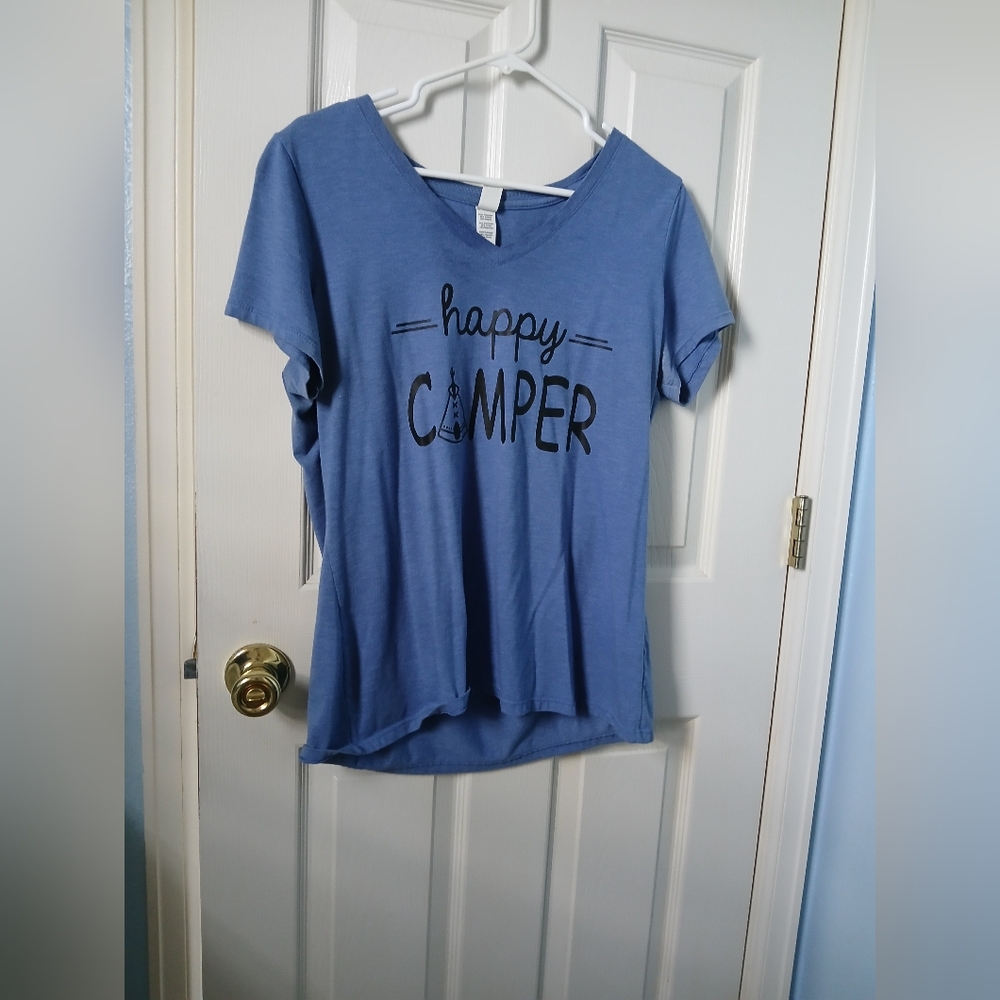 Happy Camper Blue Graphic V-Neck Tee